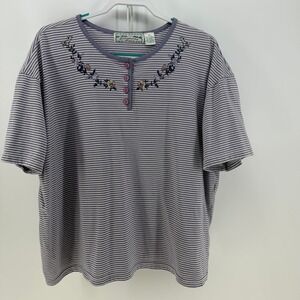 Emerald Isle Henley T-Shirt Womens 3X Purple Striped Floral Embroidered Vintage